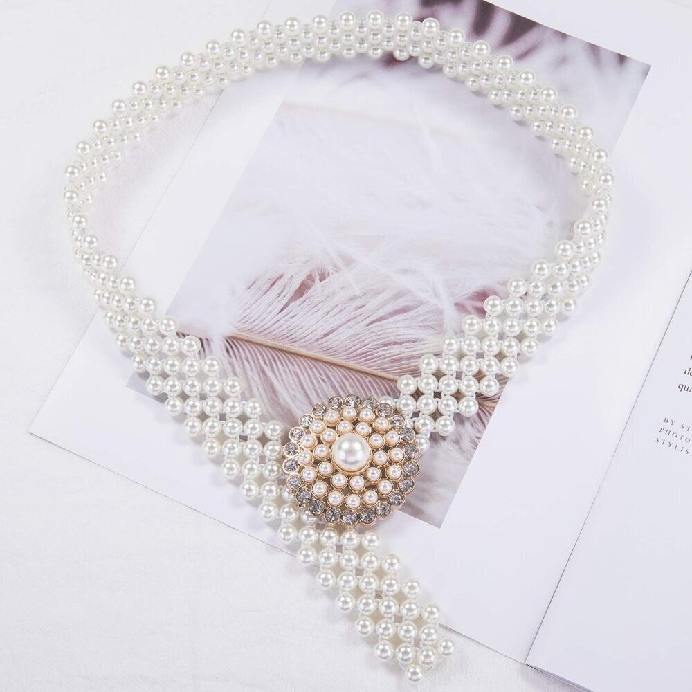Pearl Belt Night Dress Wedding Sash Off White Rhinestone Waist Chain - Picture 3 of 5
